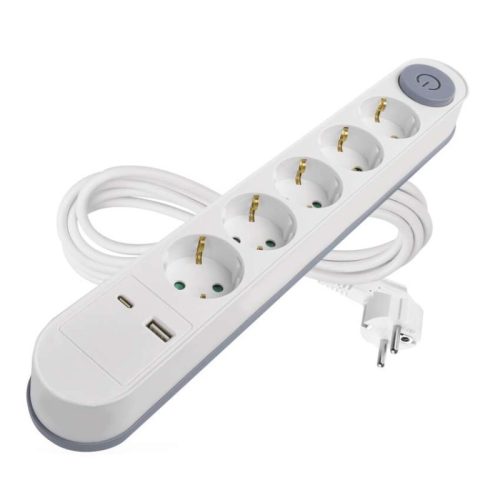 Hosszabbító 3 m / 5 aljzat / kapcsolós / fehér / 1× USB-A + 1× USB-C  / 1,5 mm2