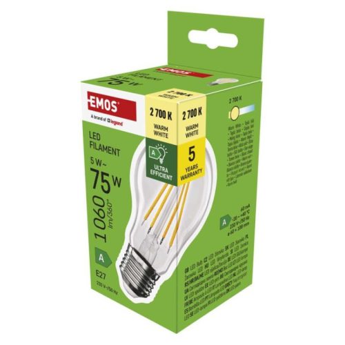 LED izzó Filament A60 A CLASS/ E27 / 5 W (75 W) / 1 060 lm / meleg fehér