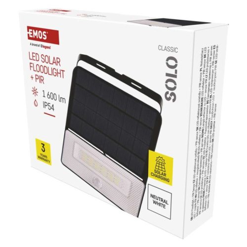 EMOS LED SOLAR reflektor hordozható SOLO, PIR, 1600lm IP54 természetes fehér