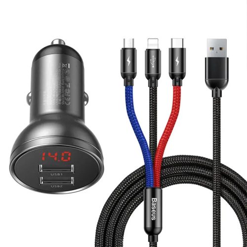 Baseus autós töltő 24 W-os kijelzővel + 3 az 1-ben Baseus három színű 1,2 m-es USB kábel