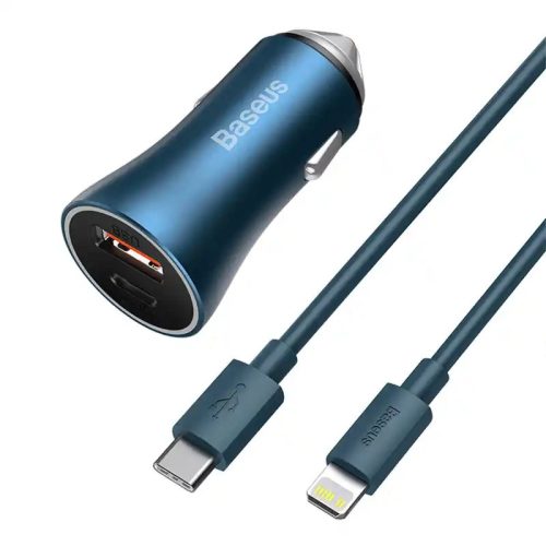 Baseus Golden Contactor Pro autós töltő, USB + USB-C, QC4.0 +, PD, SCP, 40 W (kék) + USB-C-Lightning kábel, 1 m (kék)