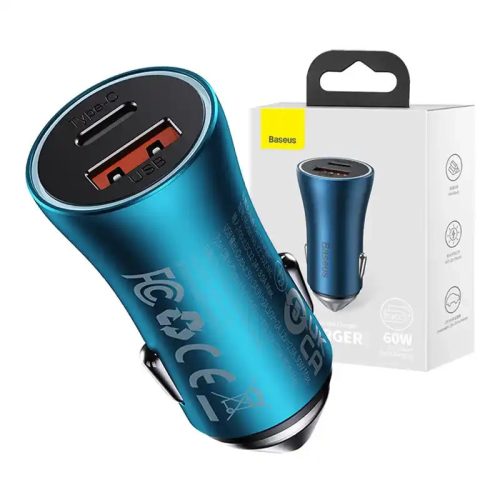 Baseus Golden Contactor Max autós töltő, USB + USB-C, 60W (kék)
