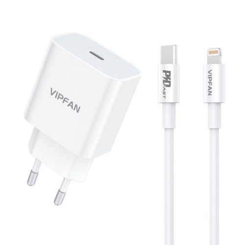 Vipfan E04 hálózati töltő, USB-C, 20W, QC 3.0 + Lightning kábel (fehér)