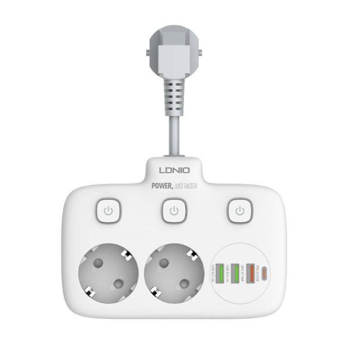 Power strip 2 AC konnektorral, 3x USB, USB-C, LDNIO SE2435, 2500W (fehér)