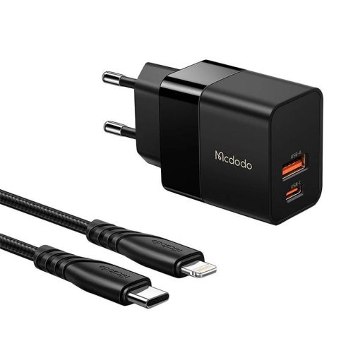 Mcdodo CH-1952 USB + USB-C, 20W hálózati töltő + USB-C Lightning kábel (fekete)