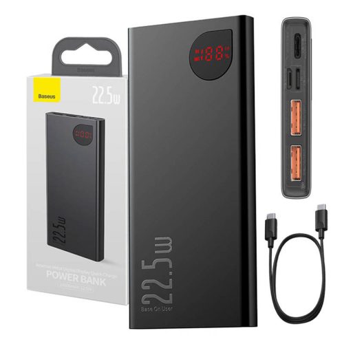 Baseus Adaman fém Powerbank, 10000mAh, 2xUSB, USB-C, Lightning, MicroUSB 22.5W (czarny)