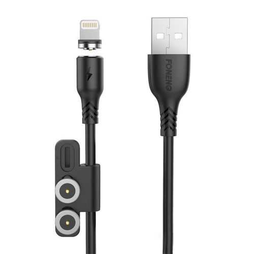 Foneng X62 3 az 1-ben USB-C/Lightning/Micro-USB kábel mágnessel, 2.4A, 1m (fekete)