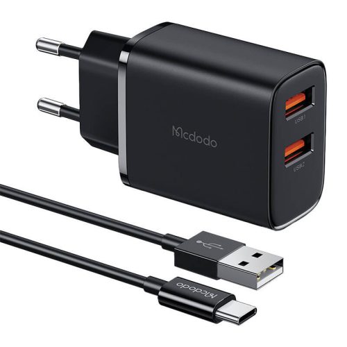 Mcdodo CH-5072 USB-A*2, 12W-os hálózati töltő + USB-A USB-C kábel (fekete)