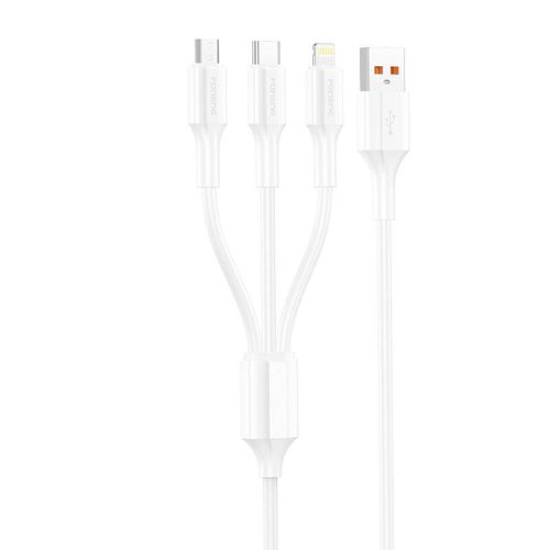 Foneng XS01 3 az 1-ben USB-C/Micro-USB/Lightning kábel, 3A, 1,2m (fehér)