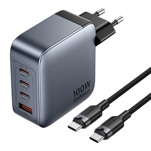 Vention hálózati töltő 3x USB-C, 1x USB-A, (100W/100W/30W/30W/30W) (szürke) USB-C-USB-C kábellel (1m) (fekete)